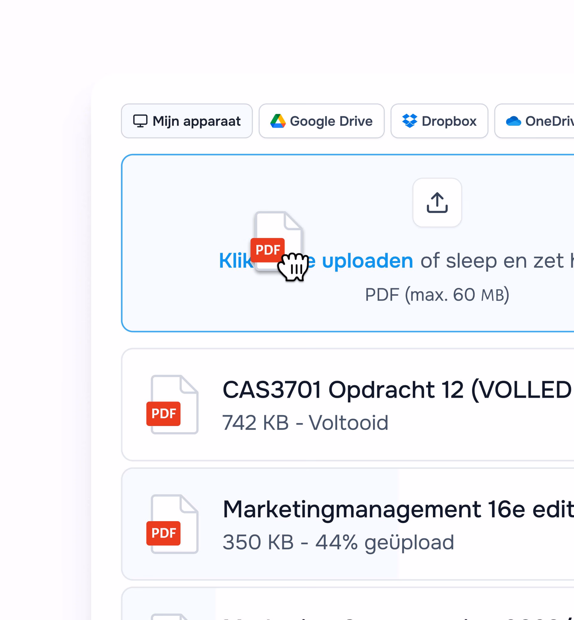 Voorbeeld van het uploadscherm bij Stuvia, waar gebruikers PDF-bestanden kunnen uploaden vanuit hun apparaat, Google Drive, Dropbox of OneDrive.