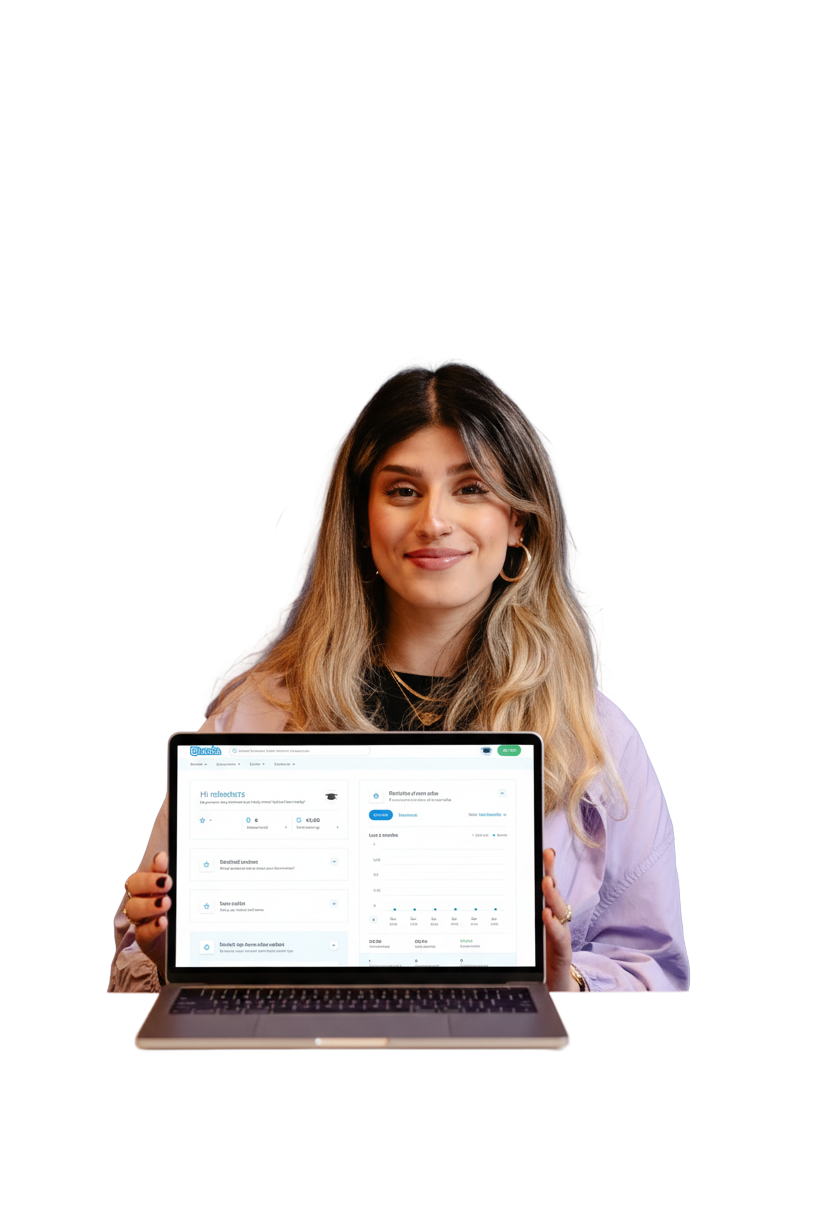 A Stuvia seller holding a laptop that shows her earnings