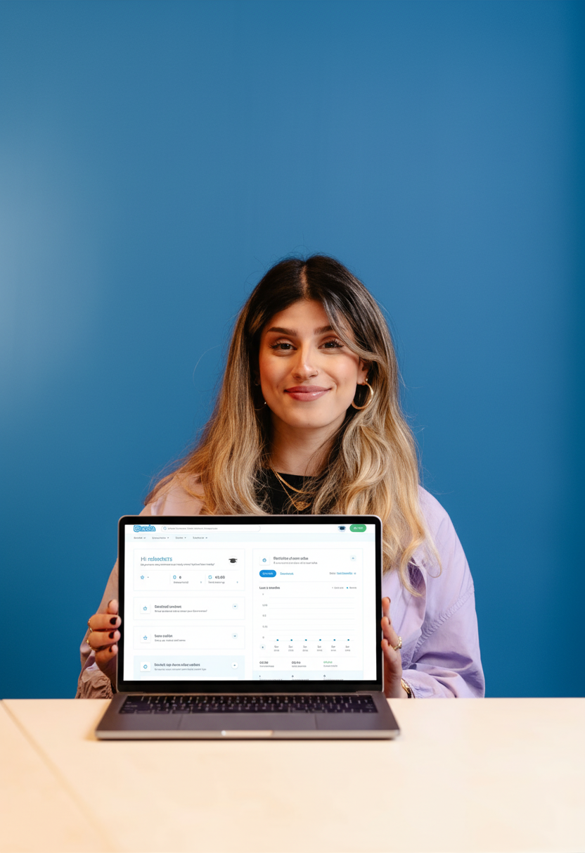 A Stuvia seller holding a laptop that shows her earnings
